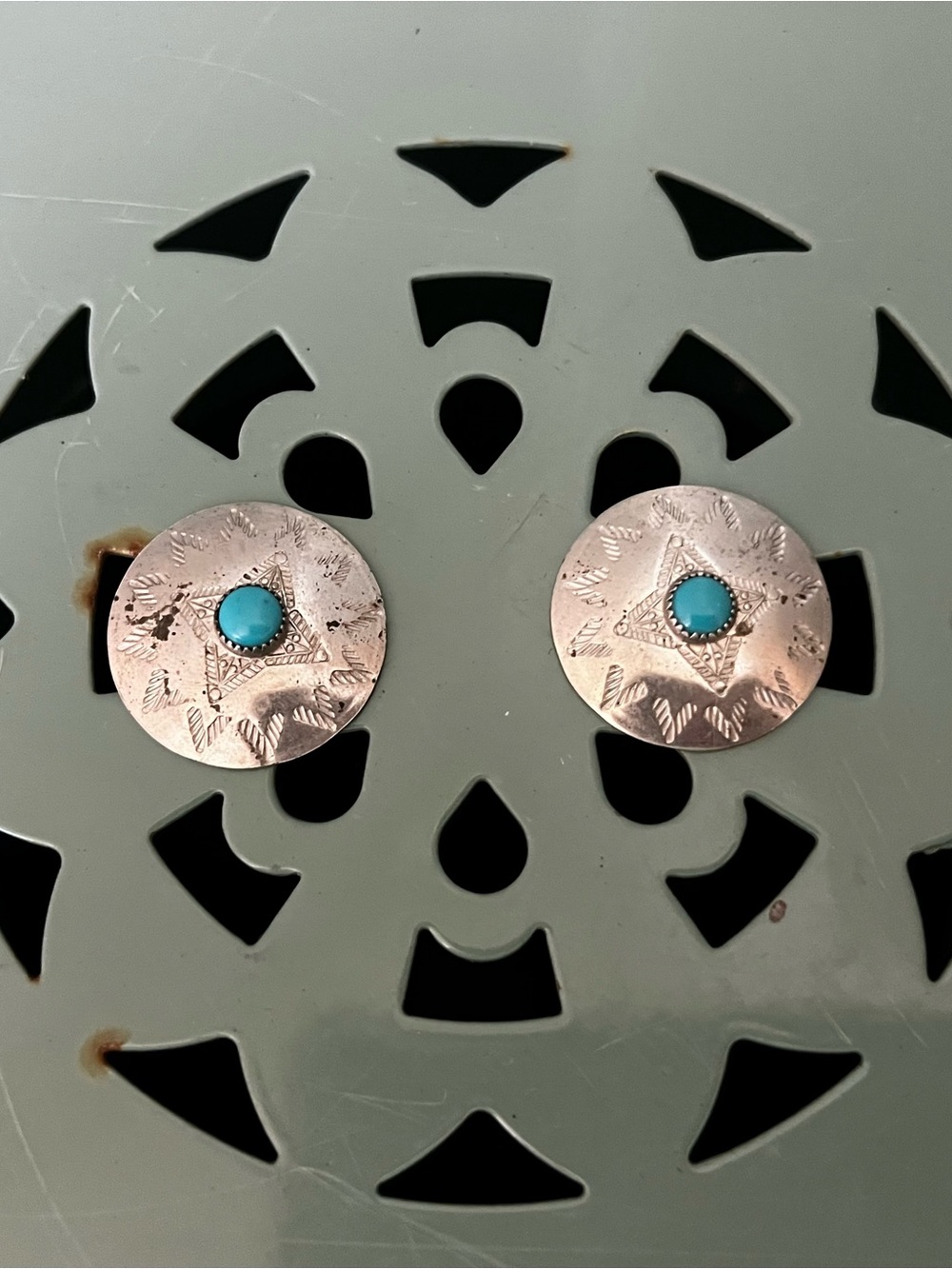 Vintage Two Native American Navajo Sterling Silver Turquoise Concho Buttons